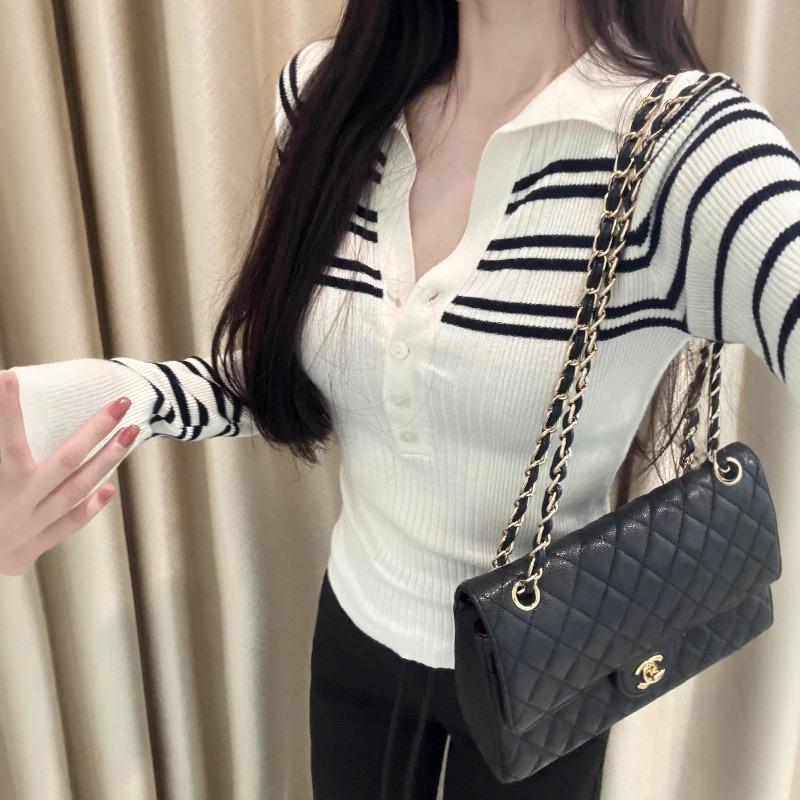 Striped Semi-open Neck Pullover Long-sleeved Polo Knitted Sweater Women's Spring and Autumn New Slim-fitting and Thin Bottoming Top