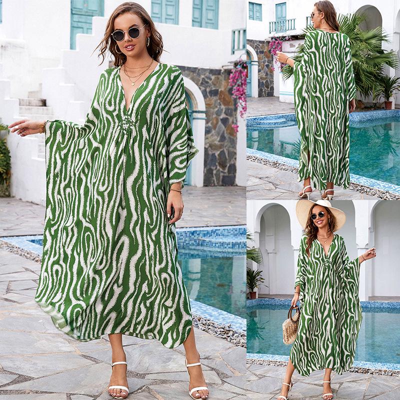 European & American Cotton Print Plus Size Loose Beach Dress Cover-Up for Women