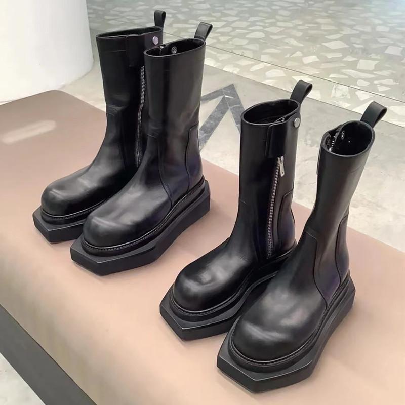 Мода 2025 Новые Женские Ботильоны Модные Квадратный Носок Задние Молнии Зимние Женские На Плоской Подошве Каблуки Высокое Качество Женские Кожаные Ботинки Обувь