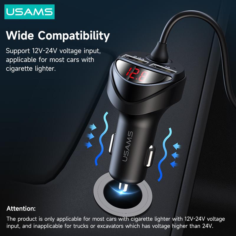 USAMS 3.4A Автомобильное зарядное устройство со светодиодным цифровым дисплеем и кабелем 3 в 1, зарядное устройство для телефона с двумя USB-портами для iPhone iPad, Xiaomi, Huawei, Samsung, планшета