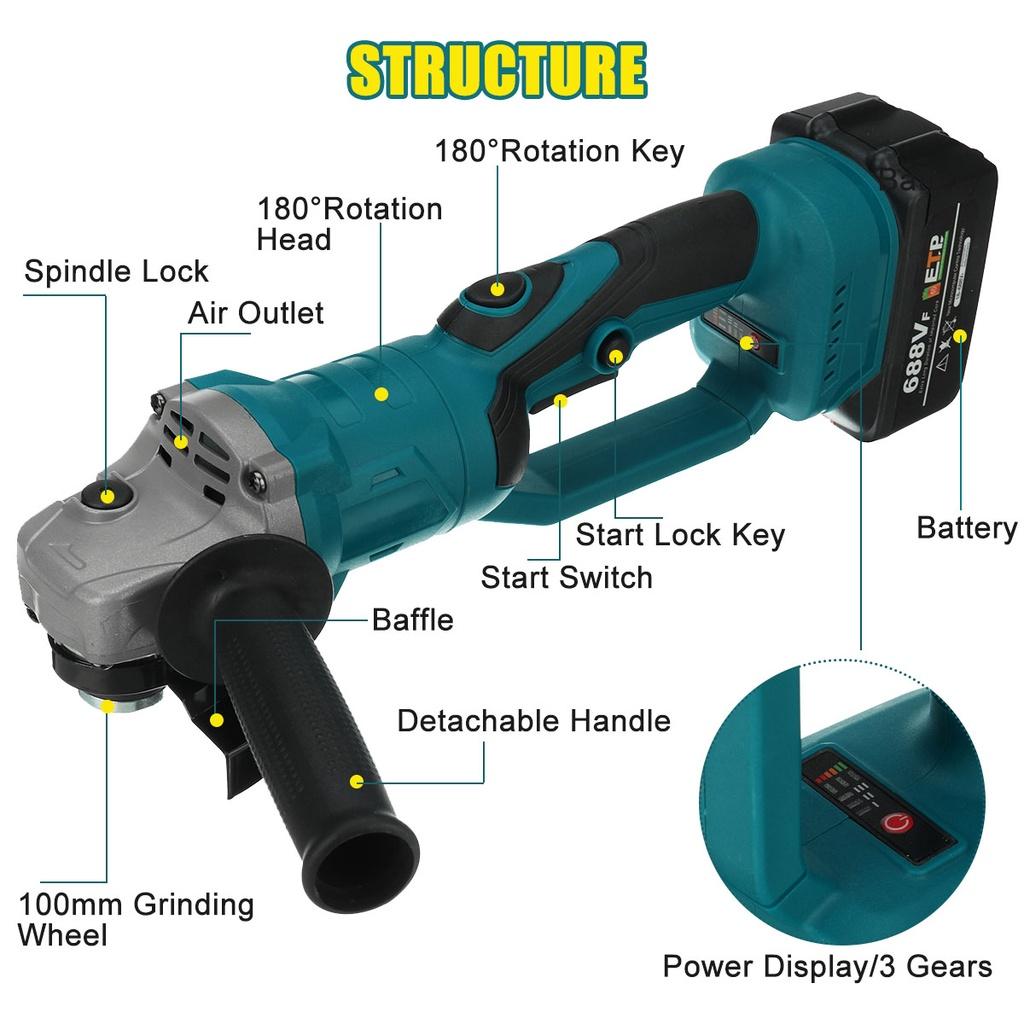 100mm Brushless Electric Angle Grinder Grinding Machine 688VF Cordless DIY Woodworking Power Tool For 25000mAh Battery 1580W
