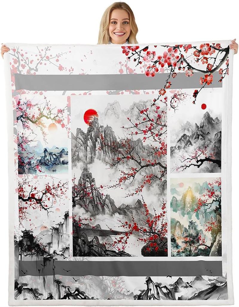 GUOYU Blanket Kids Japanese Geishas Fleece Throw Blanket Queen Boys Girls Cherry Blossoms Plush Blanket Japanese Style Sherpa Blanket Japanese