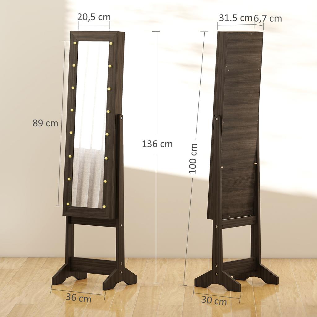 Freestanding Jewelry Armoire with Mirror, Multi-Storage, LED Lighting, Dark Brown