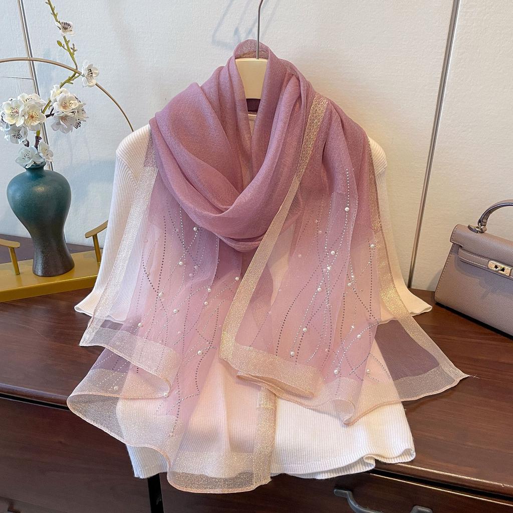 New Fashion and Versatile Solid Color Ethnic Style Veil Scarf Scarf for Women Wavy Pattern Artificial Diamond Iron Scarf for Women