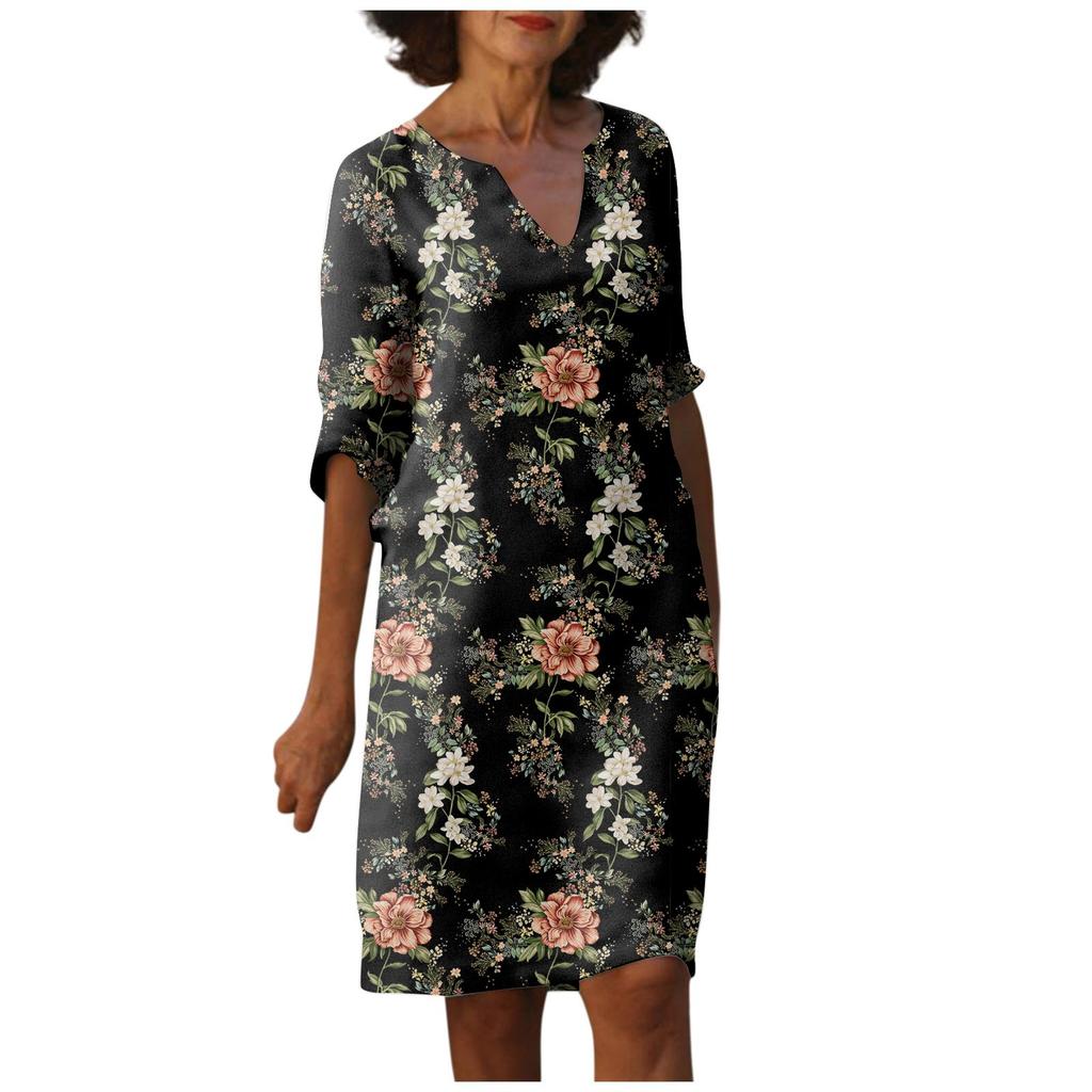 Women's Summer Vintage Floral Print V-Neck Half Sleeve Dress Dresses