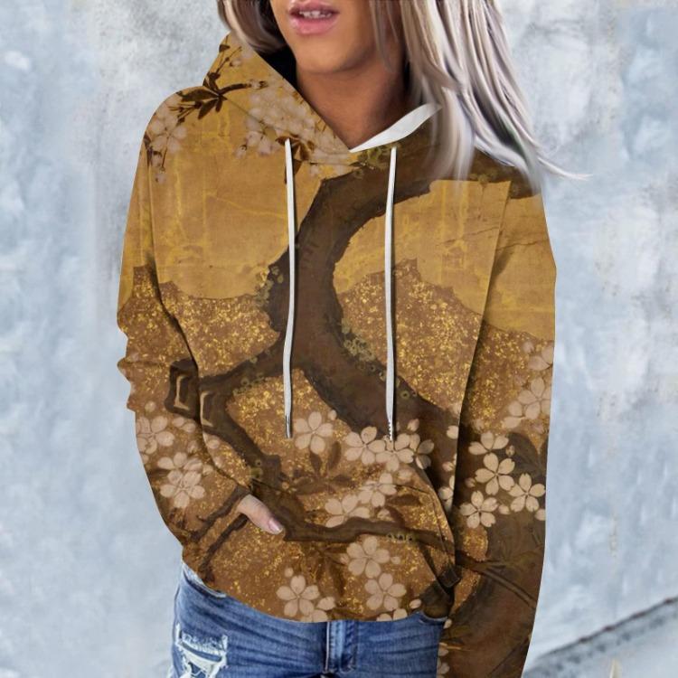 Женская повседневная толстовка с капюшоном с длинным рукавом и цветочным принтом, модный топ