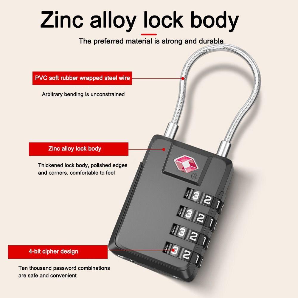 Zinc Alloy 4 Digit Combination Lock TSA Wire Rope Padlock New Customs Password Lock Travel