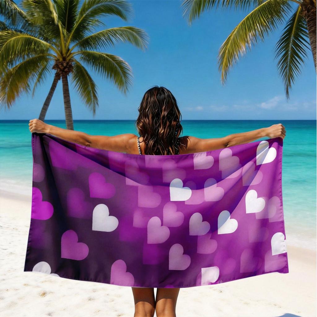 Romantic Purple Heart Microfiber Beach Towel 2D Flat Printed Waterproof Sandproof Travel Bath Towel For Seaside Holiday Sunbath