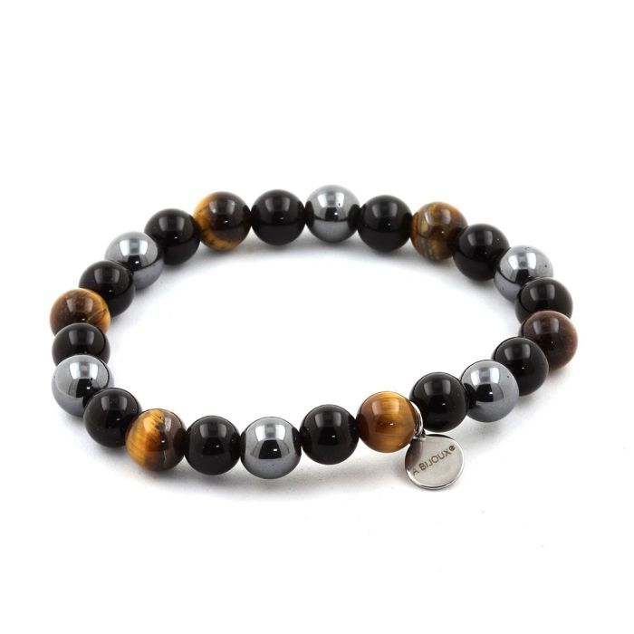 Stones and Minerals. Tiger Eye Beads Bracelet + Hematite + Black Agate 8 Mm. Made In France.