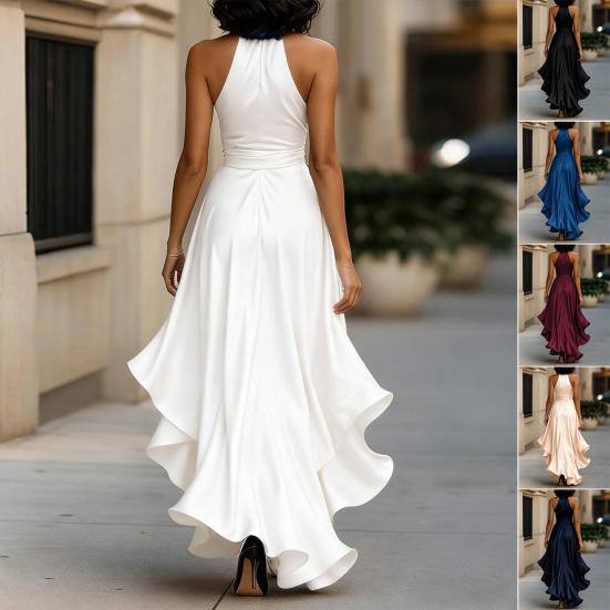 Женское атласное платье миди с оборками, высоким низом, без рукавов, с V-образным вырезом, халтер, завязкой на талии, для выпускного вечера, гостя на свадьбе, вечеринки, коктейля