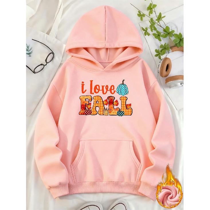 Women's Casual Fleece-Lined Hoodie with Autumn Pumpkin & Maple Leaf Print - Cozy Thanksgiving Top