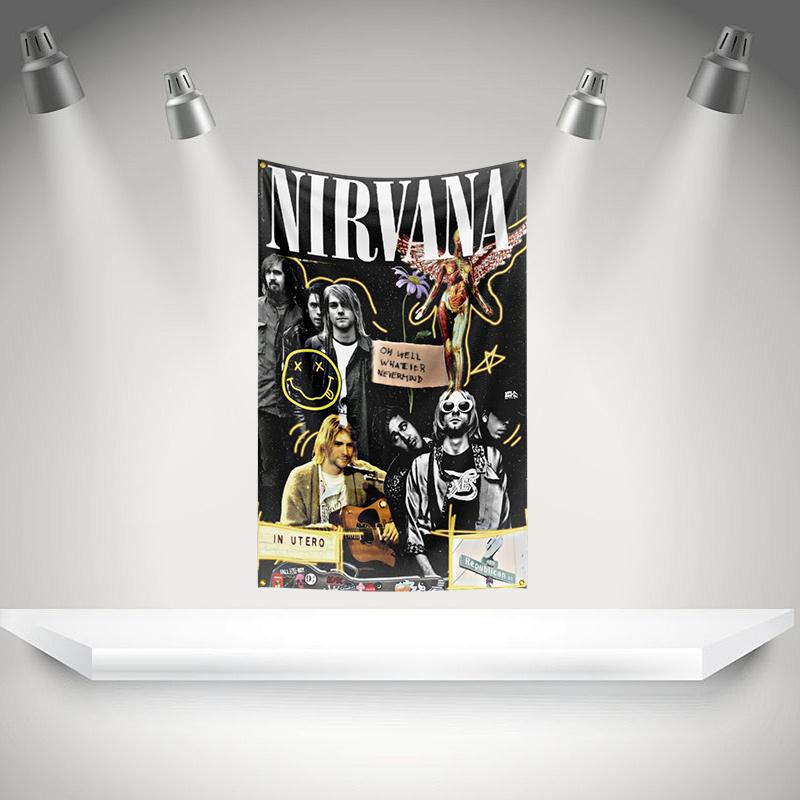 N-Nirvanas Flag Rock Music Band Banner HD Printing Tapestry Exhibition, Music Band Fans, Garage Decor