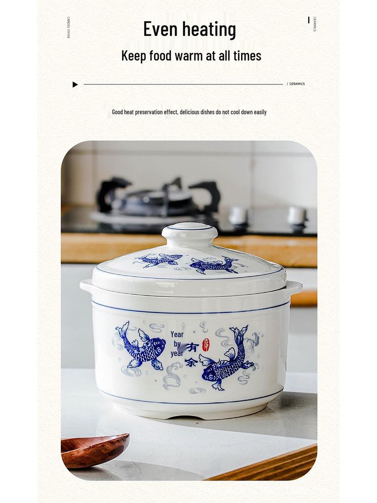 Blue & White Ceramic Double-Boiler Stew Pot with Lid, High Temperature Resistant, Ideal for Bird's Nest Soup and Stews.