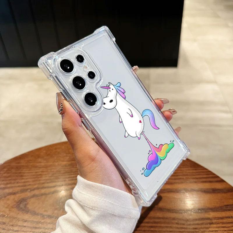 Unicorn with Rainbow Pee Cartoon Phone Case For Samsung Galaxy S25 FE S24 S23 S22 S21 Ultra S20 Plus Note 20 10 S25FE Soft Cover