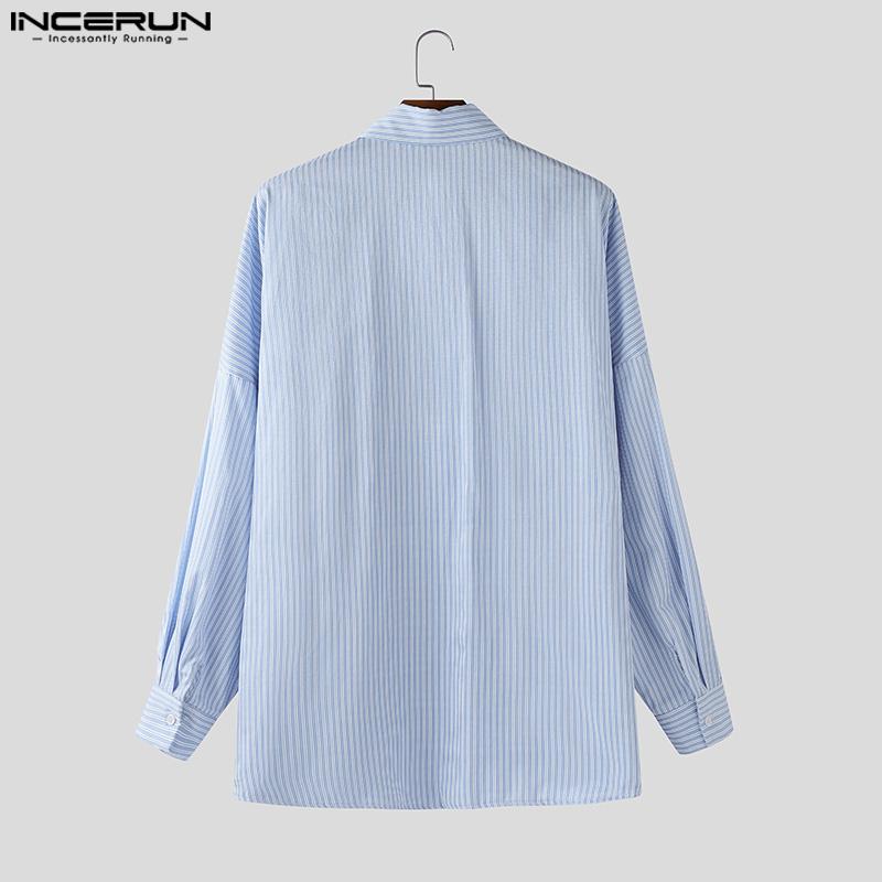 INCERUN Мужские комплекты из двух предметов: рубашка с лацканами, длинными рукавами и полосатым принтом, длинные широкие брюки
