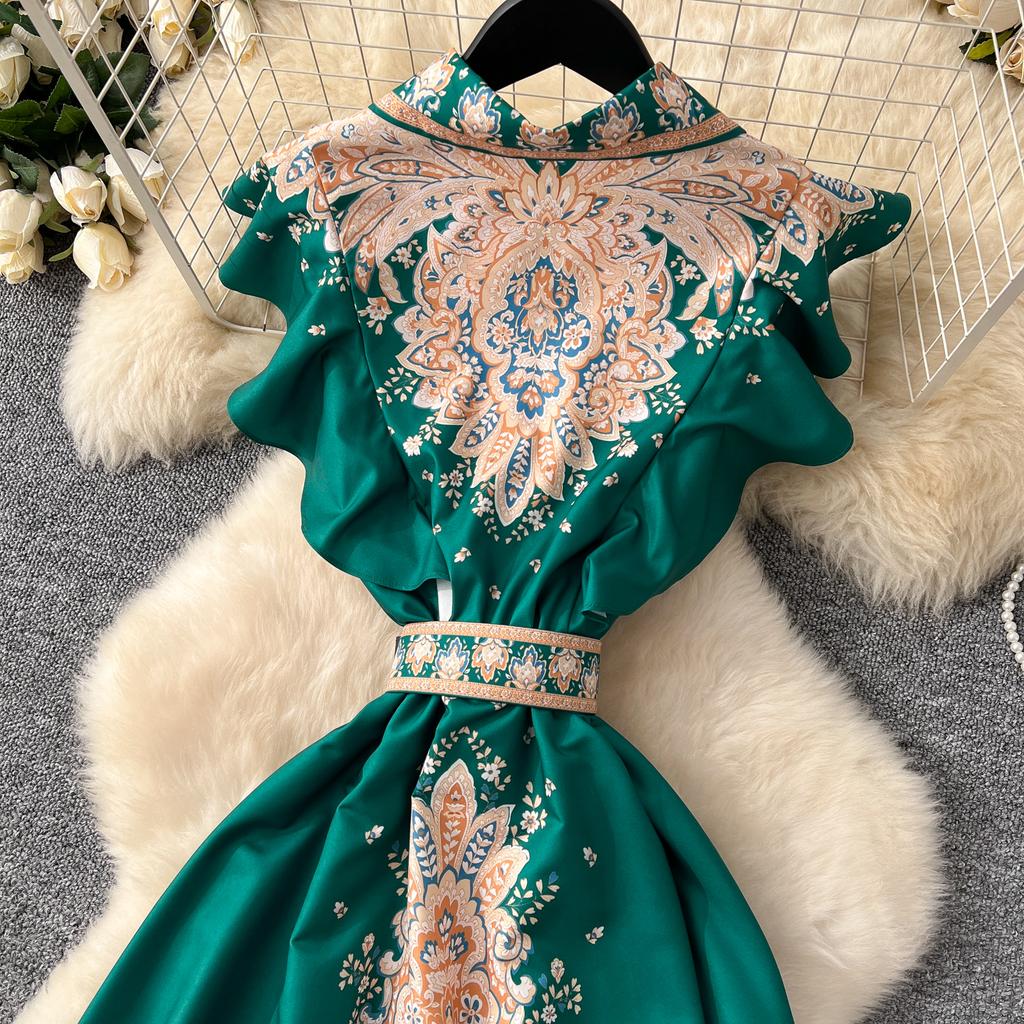 Chic Slim Single Breasted Elegant Sashes Print Vintage Dress Elegant High Street Korean Evening Dress