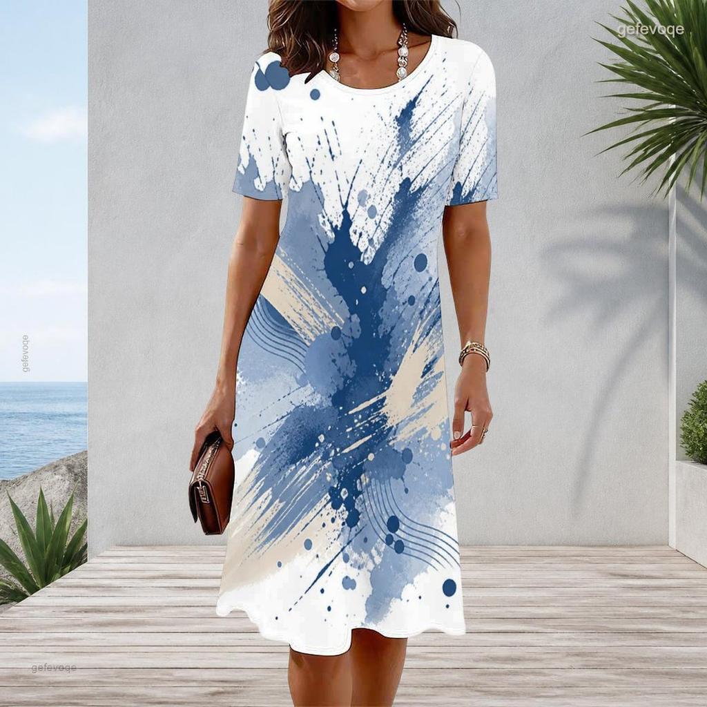 Women Plus Size Round Neck Short Sleeve Blue Beige White Printed A Line Dress