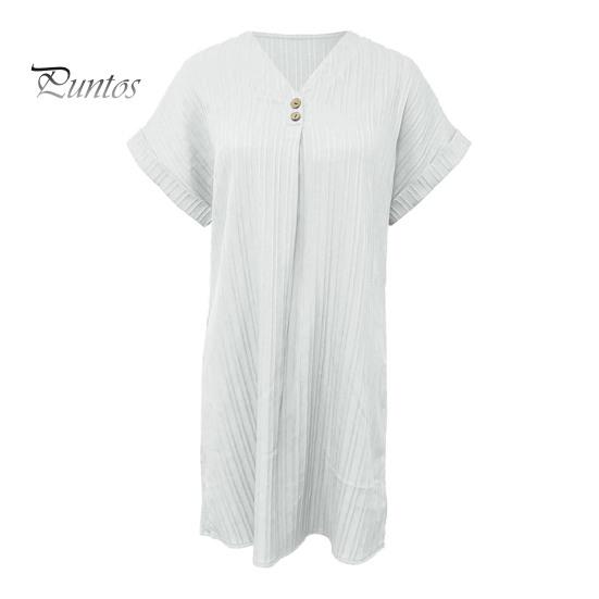 Летнее мини-платье с короткими рукавами и V-образным вырезом, свободное однотонное платье в стиле бохо с пуговицами, повседневное платье для пляжного отдыха, повседневная одежда