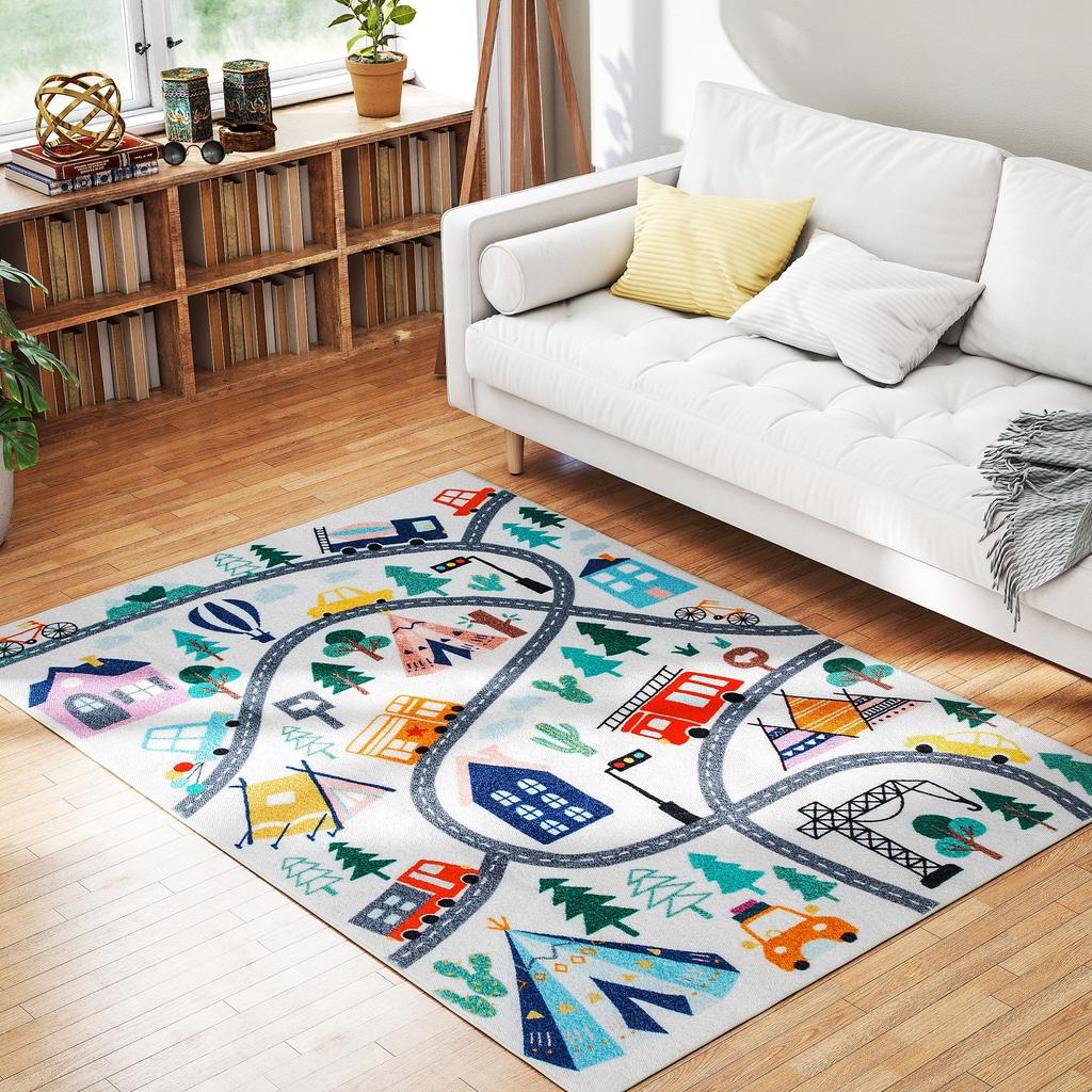 Rug with Highway Pattern, White Background, Soft Fleece, Easy Care, Multicolor