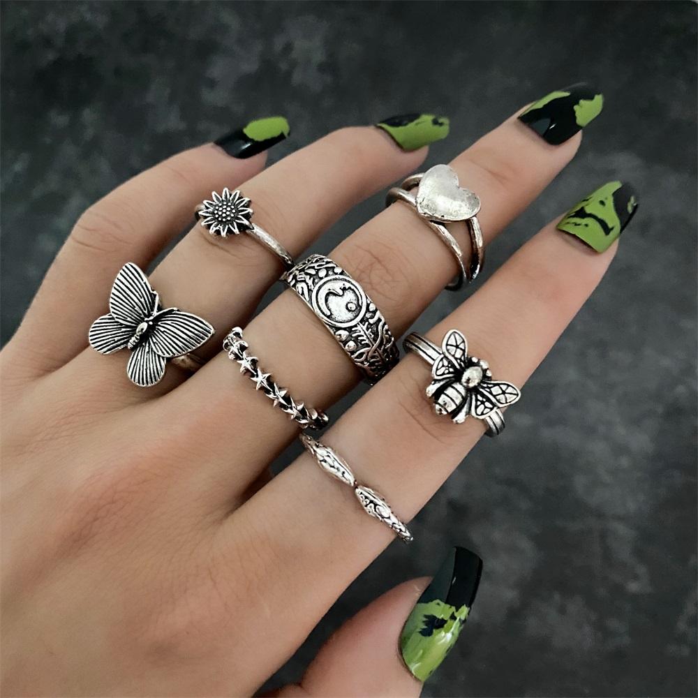 Кольцо-бабочка в стиле ретро, ​​комплект из 7 колец с цветком и звездой, простое кольцо, популярные женские украшения