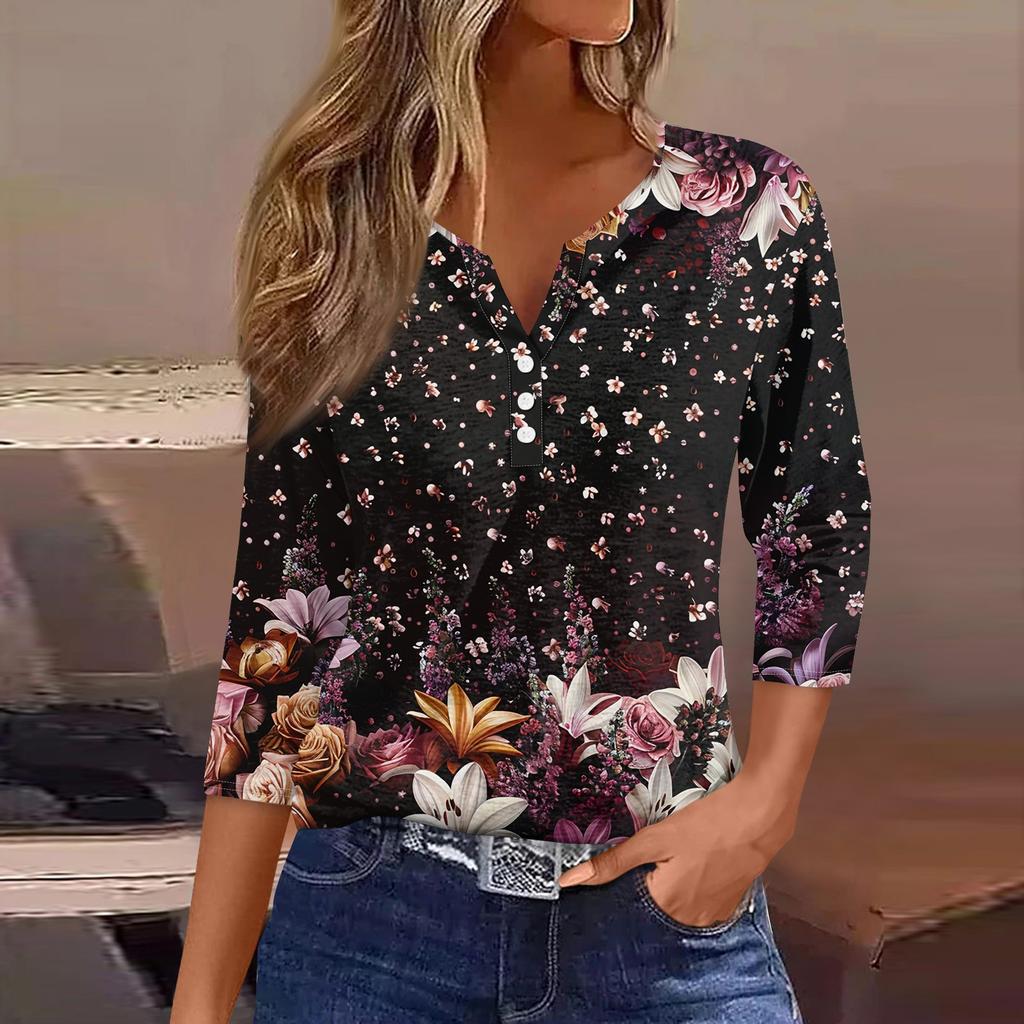 Women's T Shirt Tee Print Button 3/4 SleeveDaily Weekend Fashion Basic V- Neck Regular Top
