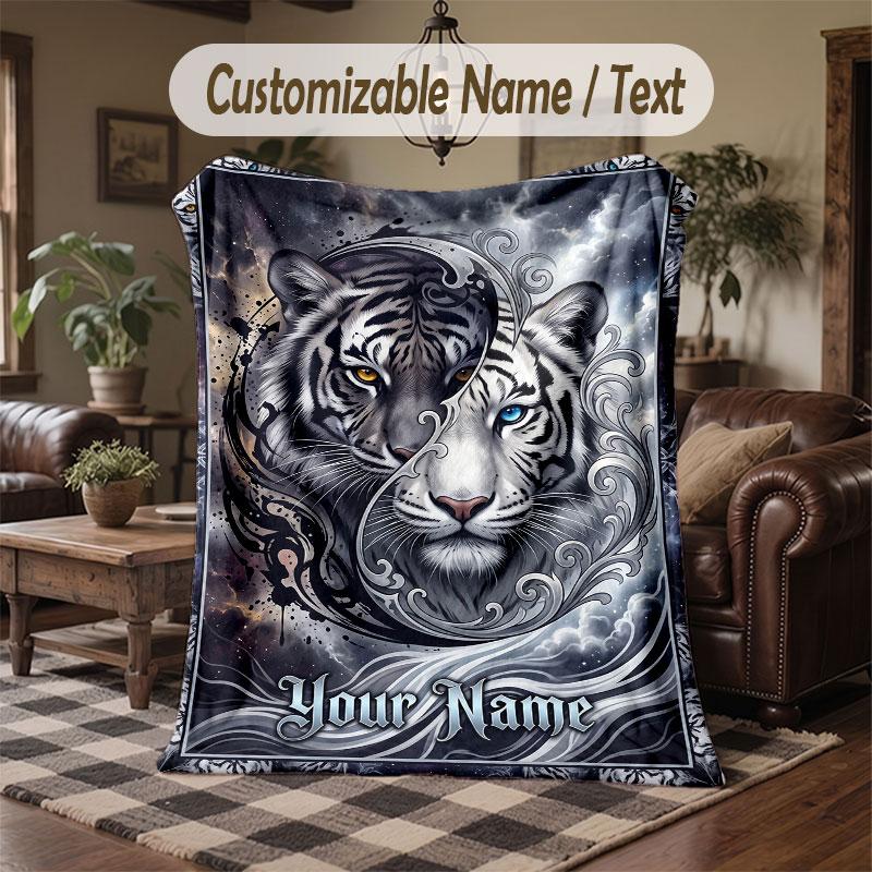 Lion Tiger Leopard Theme Throw Blanket Custom Name Text Personalized Blanket Soft Cozy Blanket for Home Sofa Bed