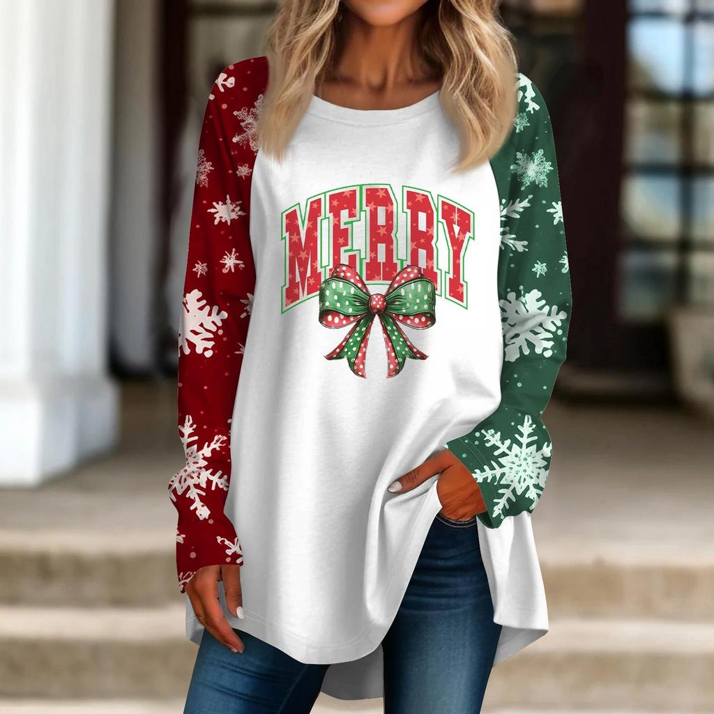 Women's Casual  Plus Size Long Sleeved Round Neck Christmas Printed T-shirt Top Pullover