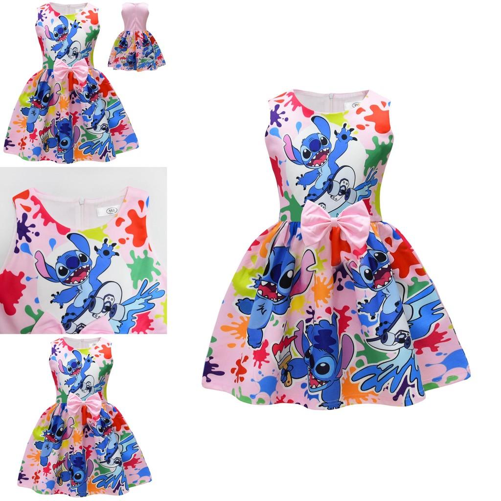 Lilo Stitch Girl Dress With Butterfly Bow Polyester Cotton For Spring Autumn Playtime