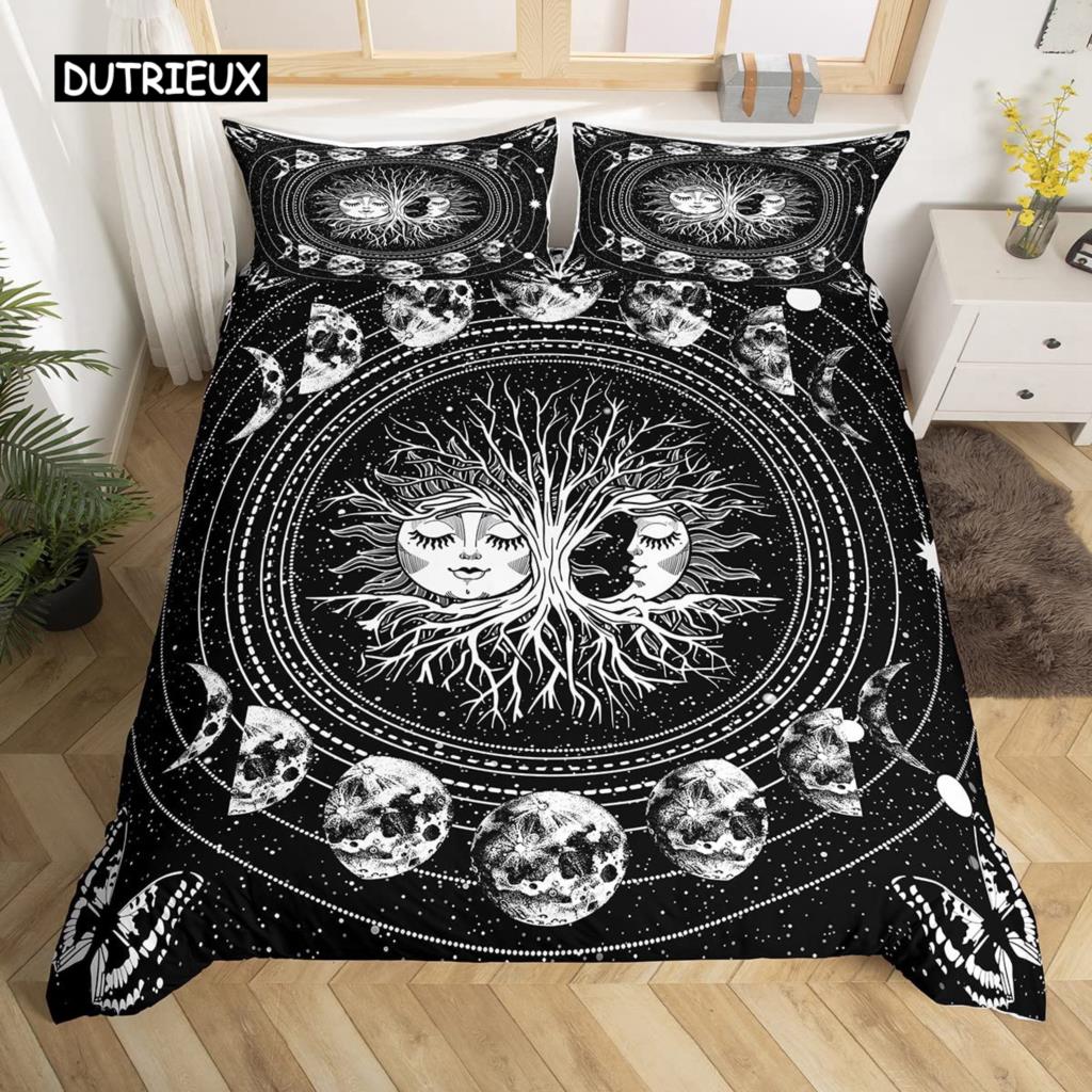 Комплект постельного белья Mandala с завязками на постельном белье Sun and Moon в экзотическом стиле, черно-белый, с ботаническим и цветочным узором, из полиэстера