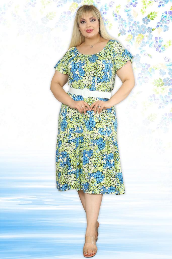 Women's Big Size Dress Floral Patterned Belt Detailed Viscose Lycra Dress