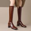 Cow Leather Winter Square Toe Thick High Heels Riding Boots Women Zipper Retro Vintage Thigh High Boots
