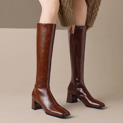 Зимние сапоги из коровьей кожи с квадратным носком на толстом высоком каблуке, женские винтажные сапоги до бедра на молнии в стиле ретро