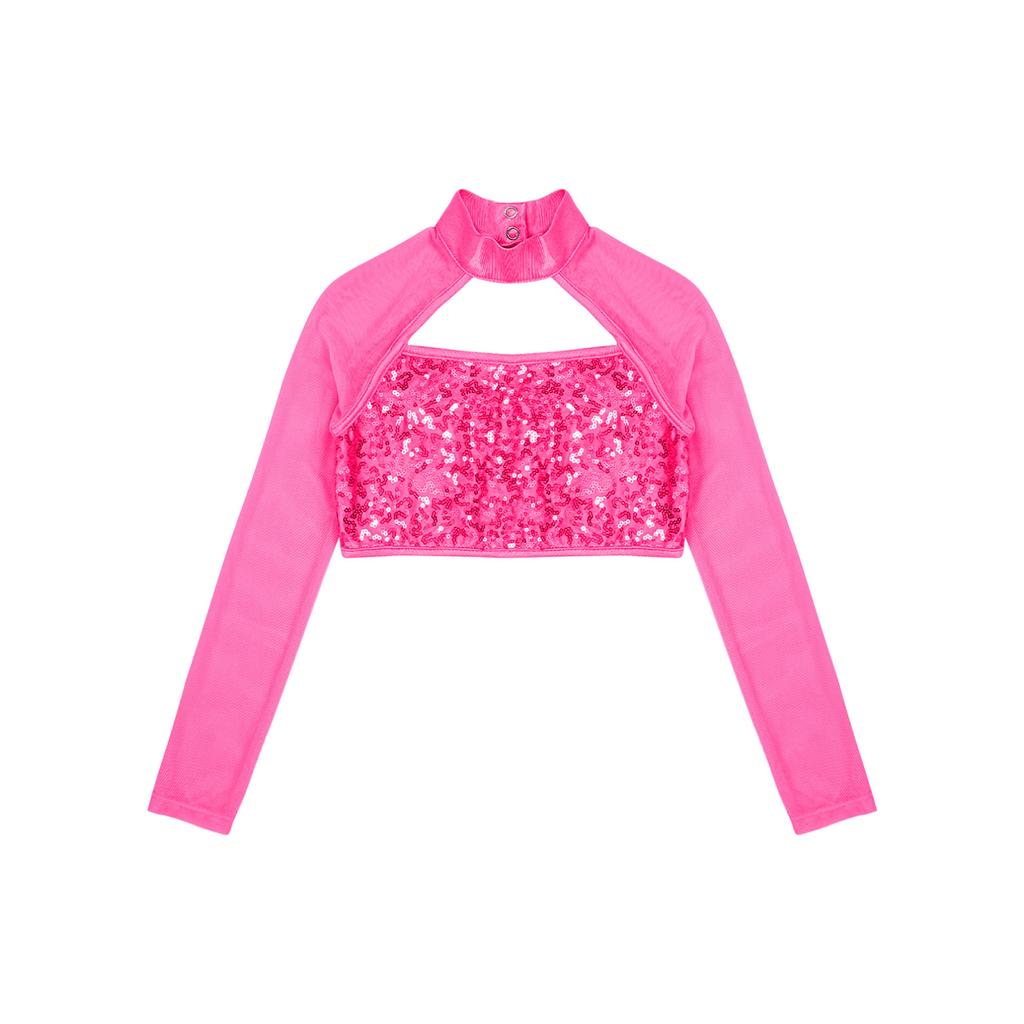Детский кроп-топ с длинным рукавом, пайетками и сеткой для танцевальных выступлений