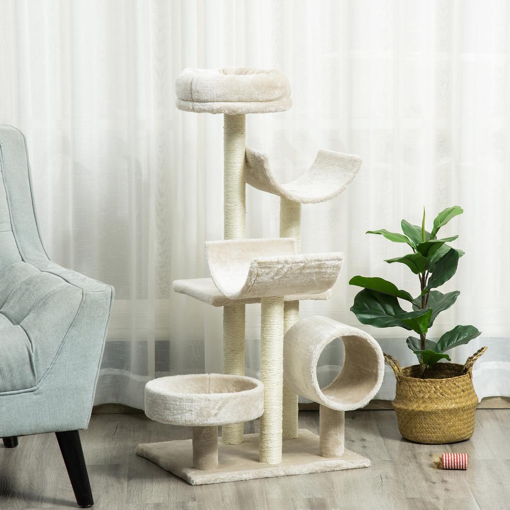 Cat Tree 105cm Cat Tower with Tunnel, Platforms Cat Scratching Post with Sisal Scratching Posts, for Cats up to 5 kg, Beige