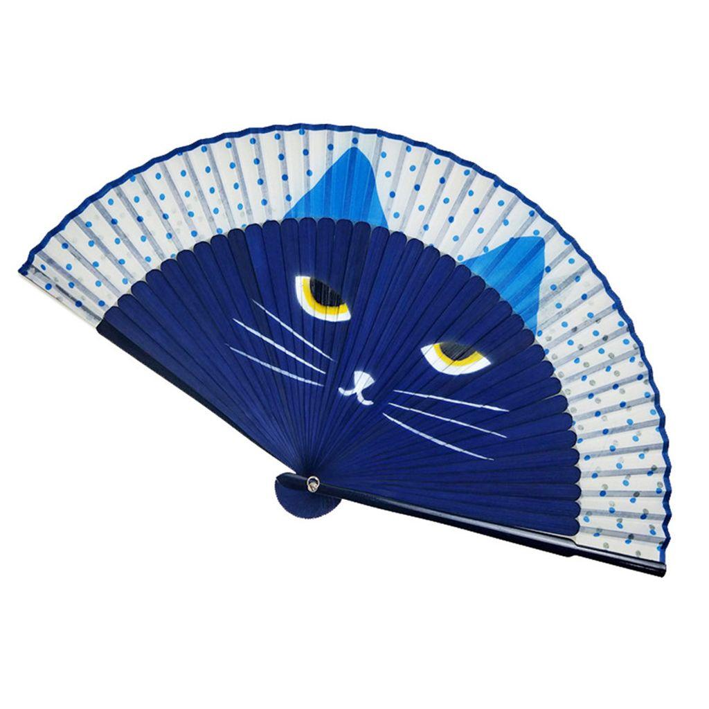 Cat Patterns Summer Gift Handmade Bamboo Wooden Fan Crafts Folding Fan Home Decoration Silk Fan