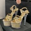 Мода Liyke Мода Ремешок с пряжкой Босоножки на платформе Женские Золотые с пайетками Узкий ремешок Открытый носок 17СМ Прозрачные каблуки Свадебная банкетная обувь