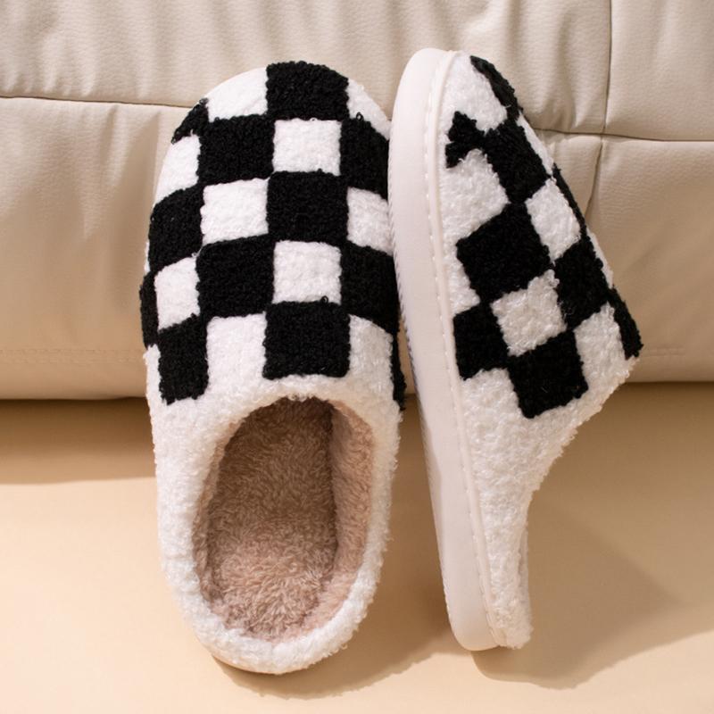 Мода Мода Смешанный цвет Клетчатые Хлопковые Тапочки Женские Комфортные Мягкая Подошва Плюшевые Домашние Шлепанцы Женские 2025 Комнатные Нескользящие Пушистые Тапочки
