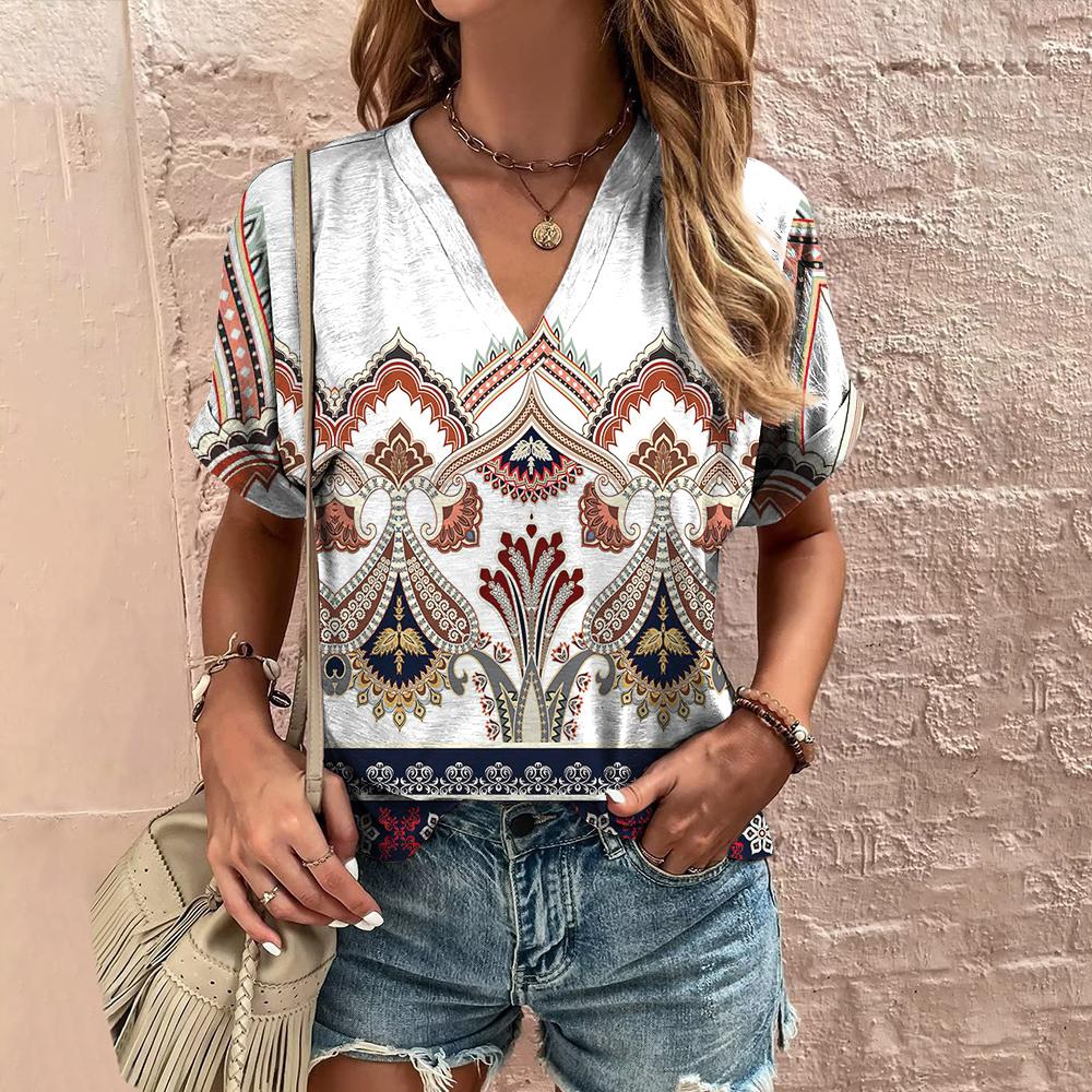 Новая женская футболка, летняя одежда с v-образным вырезом, этнический топ с короткими рукавами, повседневная уличная футболка в стиле Харадзюку для женщин, пуловер в стиле хип-хоп