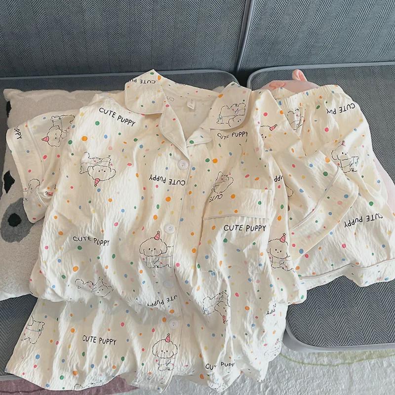 2024 Милый мультяшный женский хлопковый пижамный комплект - летний с короткими рукавами и шортами