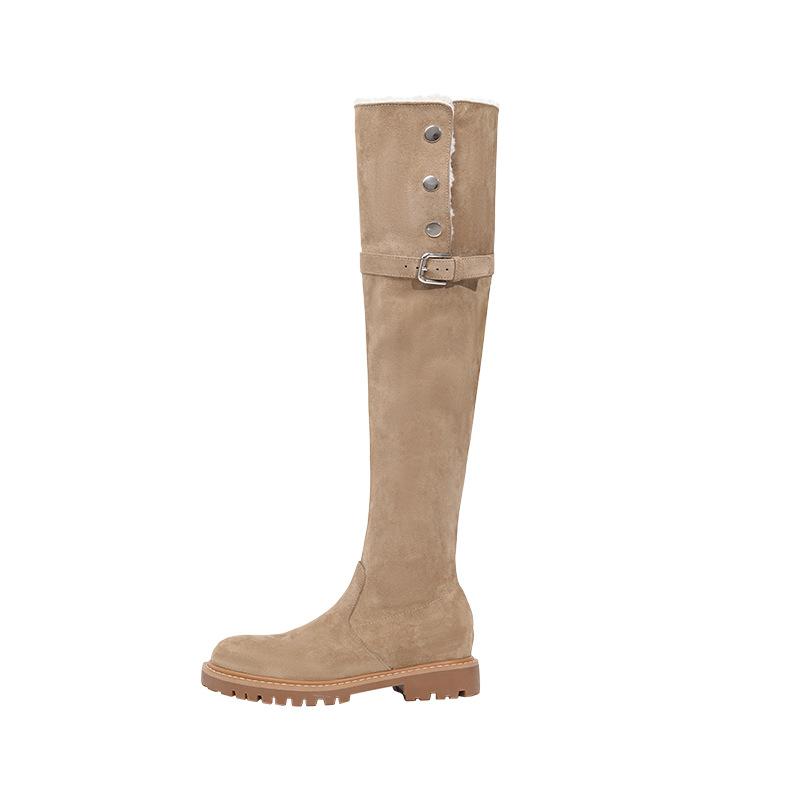 Осенне-зимние ретро-ботфорты в двух направлениях, женские замшевые сапоги выше колена, увеличивающие рост, теплые сапоги с толстой подошвой и флисовой подкладкой