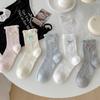 Sweet Bow Mid-calf Socks for Women, Summer Thin Mesh Hollowed-out Pile Socks, Solid Color Lace Long Socks