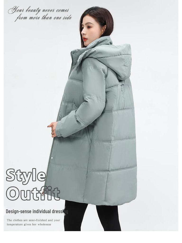 Женское зимнее пальто средней длины с капюшоном, в корейском стиле, универсальное, утолщенное хлопком с пухом, теплая верхняя одежда для среднего и молодого возраста.