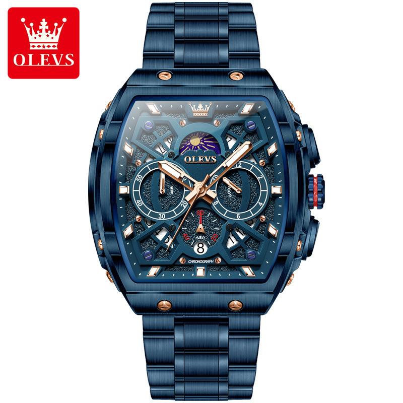 OLEVS Mens Chronograph Watch Original Tonneau Quartz Watch Waterproof Luminous Stainless Steel Watches For Men