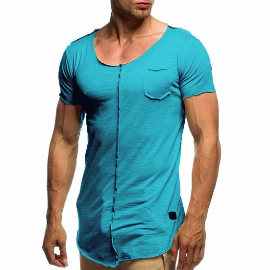 Мужская летняя футболка сплошной цвет средней длины в стиле пэчворк с V-образным вырезом и загнутыми краями с короткими рукавами Мягкий дышащий пуловер Спортивный повседневный мужской топ для тренировок в тренажерном зале