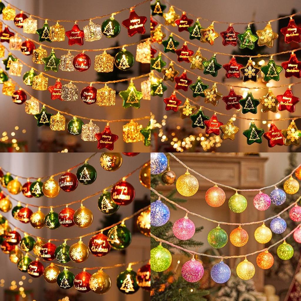 LED Electroplated Snowflake & Star String Lights - Christmas Atmosphere Flashing Fairy Tinsel Ball Decor