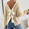 Women's Round Neck Long Sleeve Knit Sweater Loose Fit Casual Pullover with Back Bow