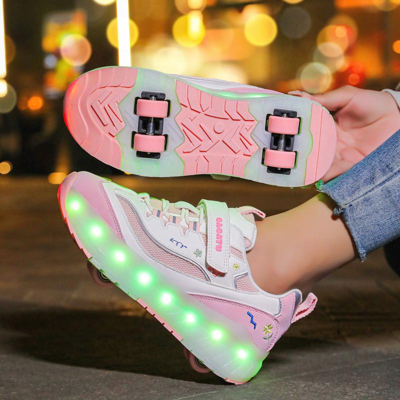Детские четырехколесные съемные плоские спортивные туфли перезаряжаемые светодиодные светящиеся спортивные туфли четырехколесные роликовые коньки