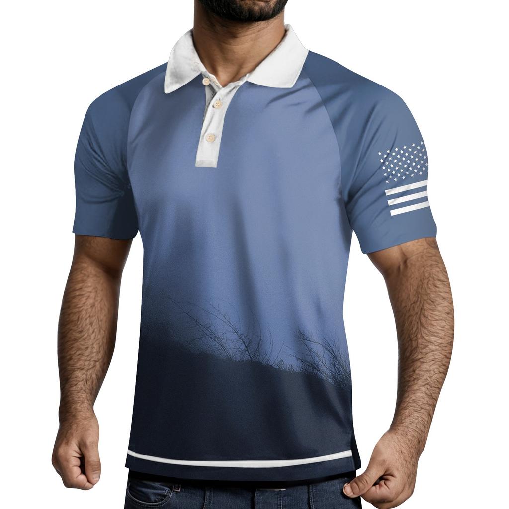 Men's Three Button Printed Lapel Short Sleeve Shirt Top