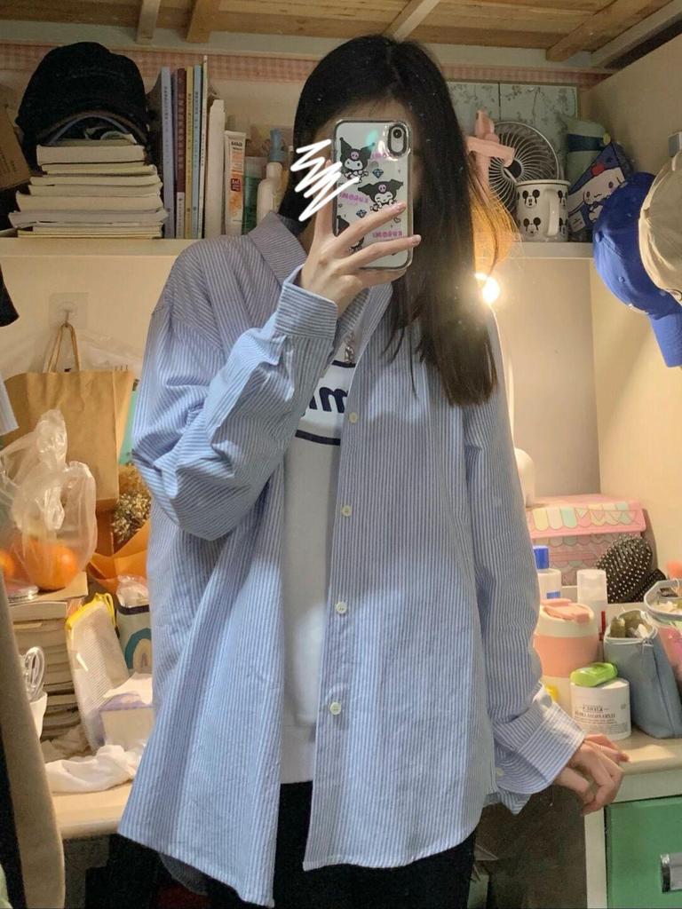 Women's Korean-Style Striped Loose Long-Sleeve Shirt for Spring and Autumn