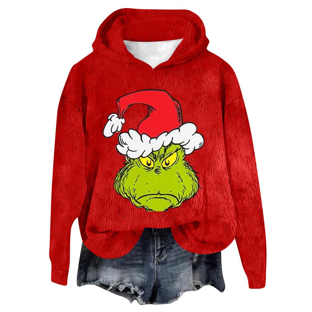 Women's Hooded Long Sleeve Christmas Printed Flannel Top Hooded Sweatshirt